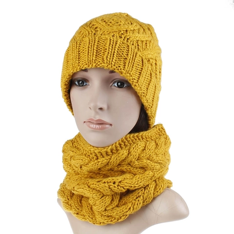 Women Winter Warm Knit Hat And Scarf Set Thick Yarn Cable Jacquard Beanie Neck Warmer Outdoor Daily Wear Accessory Set