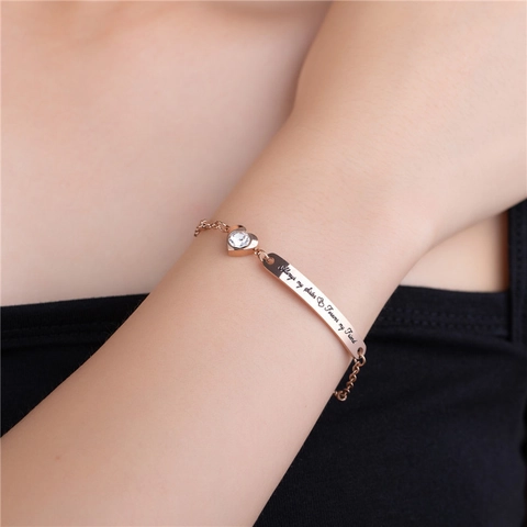 Stainless Steel Heart Rhinestone Charm Bracelet Engraved Always My Sister Forever My Friend Lettering Rose Gold Jewelry Gift