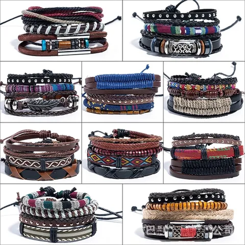 Pulsera De Cuero Hecha A Mano Multicapa Cuentas De Madera Tejida Bohemia Vintage Joyería Étnica