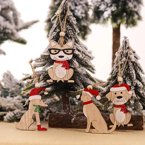 Christmas Wooden Dog Car Tree Hanging Ornaments Cartoon Animal Wood Pendant For Home Party Wall Decor Xmas Gift