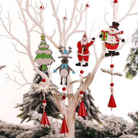 Christmas Wooden Hanging Ornaments Wind Chime Painted Santa Snowman Reindeer Tree With Red Metal Bells Holiday Tree Decor