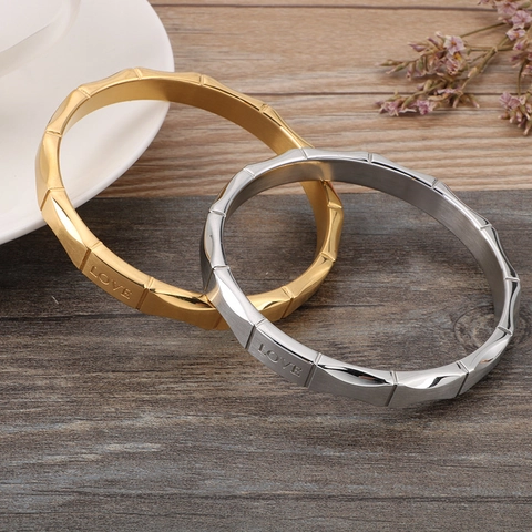 Bracciale Rigido Design Bambù Acciaio Inossidabile 316L Inciso LOVE Gioielli Minimalisti Moda Coreana Per Donna