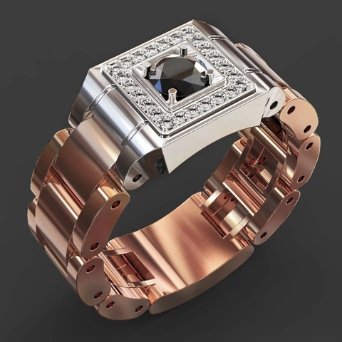 Heren Luxe Bi-Color Horlogeband Stijl Koperen Ring Met Blauwe Zirkonia Vierkante Edelsteen Mode Bruiloft Sieraden Cadeau
