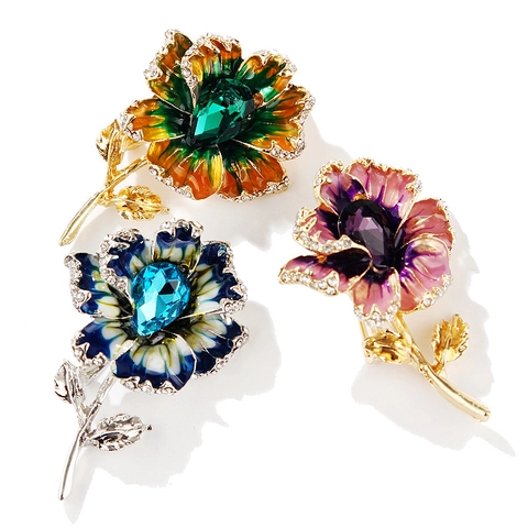 Elegant Flower Brooch Pin Alloy Enamel Inlaid Pear Shaped Crystal Rhinestone Floral Jewelry For Women Gift