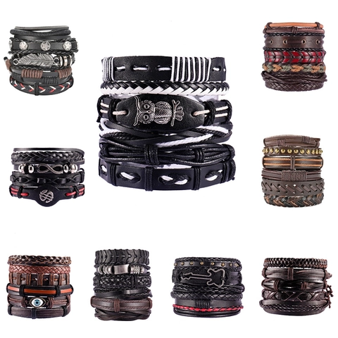Pulseras Enrolladas Multicapa Retro Cuero De Vaca Aleación Pluma Búho Mal De Ojo Árbol De La Vida Punk Étnico Ajustable Hombres Mujeres