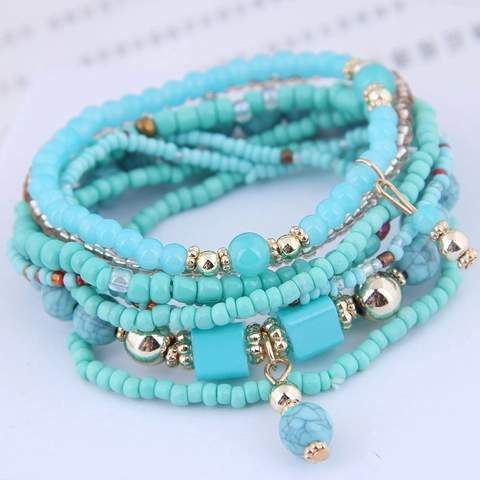 Bohemian Multi Layer Beaded Bracelet For Women Resin Seed Beads Alloy Accents Elastic Stackable Ethnic Jewelry