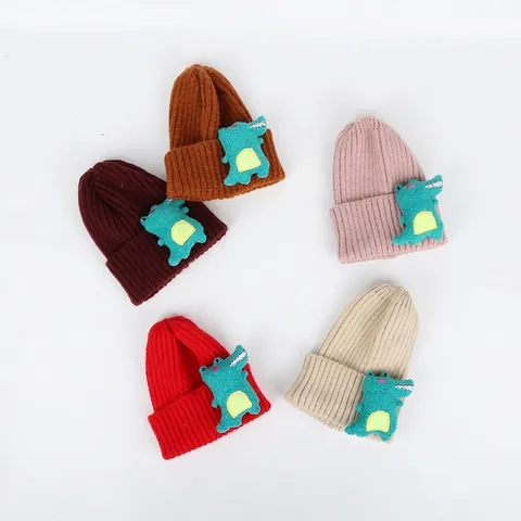 Kinder Strickmütze Beanie Kunstmosaik Acryl Warm Winter Rippstrick Umschlag Cartoon Dinosaurier Krokodil Plüschflicken