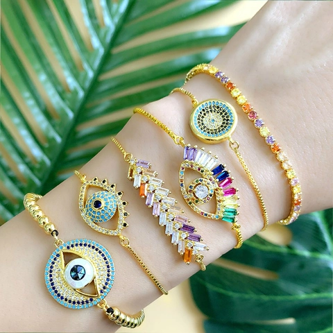 Evil Eye Bracelet For Women Adjustable Gold Plated Copper Colorful Cubic Zirconia Micro Inlaid Bohemian Dainty Jewelry