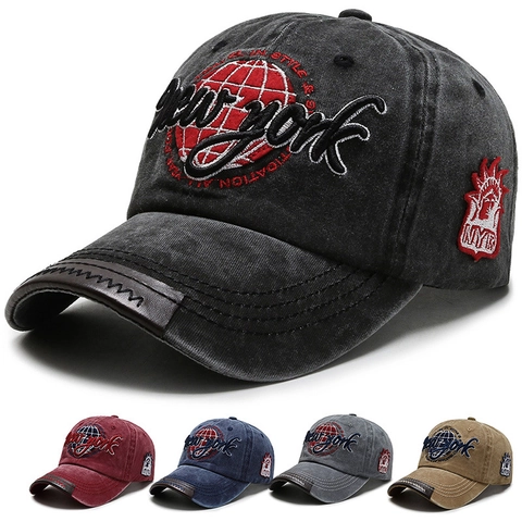 Casquette De Baseball Brodée New York En Coton Lavé Chapeau De Soleil Rétro Avec Bord En Cuir Pour Hommes Femmes