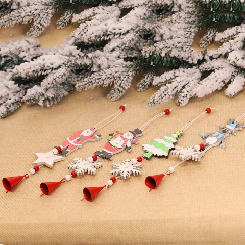 Christmas Wooden Hanging Ornaments Wind Chime Painted Santa Snowman Reindeer Tree With Red Metal Bells Holiday Tree Decor