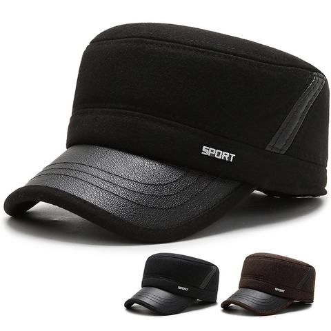 Men Winter Cadet Cap With Ear Protection Warm Woolen Flat Top Hat PU Leather Brim For Middle Aged