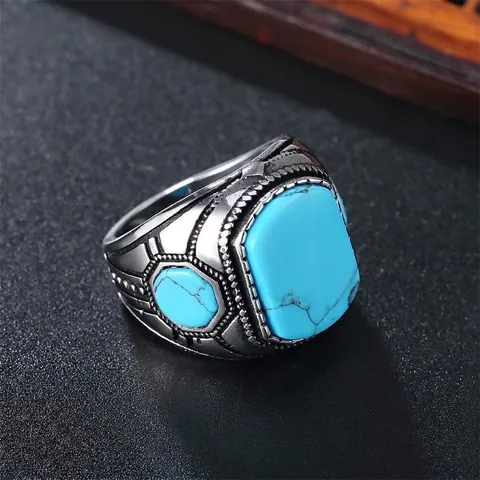 Anillo Vintage De Acero Inoxidable Para Hombre Con Turquesa Geométrica Tallado Estilo Bohemio Retro Joya