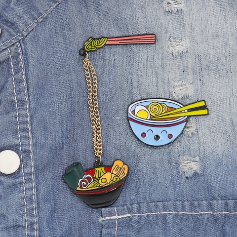 Cartoon Japanese Ramen Bowl Enamel Pin Set Alloy Creative Noodle Chopsticks Chain Brooch For Unisex Jewelry Accessory Gift
