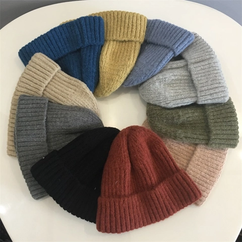 Winter Mohair Knit Beanie Hat For Men Women Ribbed Cuffed Skull Cap Short Solid Color Warm Outdoor Hip Hop Style