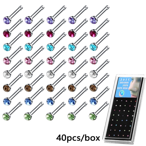 Nose Studs Rings 316L Surgical Steel Cubic Zirconia Straight Post C-Shape Hypoallergenic Body Piercing Jewelry Boxed