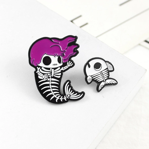 Mermaid Skeleton And Fish Bone Enamel Pins Alloy Gothic Cartoon Brooches Badges For Jacket Backpack