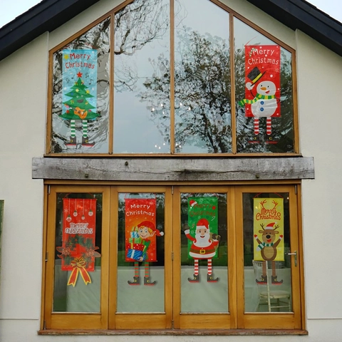Kerst Hangende Banner Polyester Doek Cartoon Kerstman Sneeuwpop Rendier Elf Met Bungelende Benen Venster Deur Decoratie
