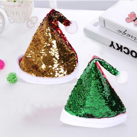 Cappello Di Babbo Natale Con Paillettes Reversibili Decorazione Con Corna Peluche Morbido Festa Adulti Bambini
