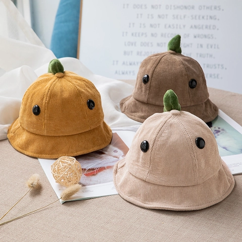 Cute Kids Corduroy Dinosaur Bucket Hat Soft Warm Winter Autumn Sun Hat For Toddler Boys Girls Cartoon Outdoor Fisherman Cap