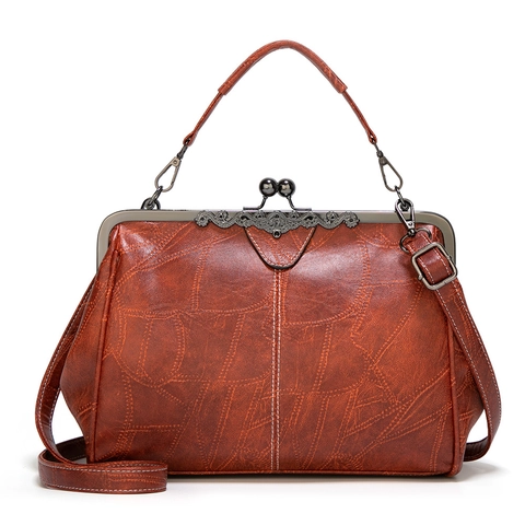 Bolso De Mano Vintage De Cuero PU Para Mujer Con Cierre De Clip Metálico Textura Retro Bolso De Hombro Estilo Británico