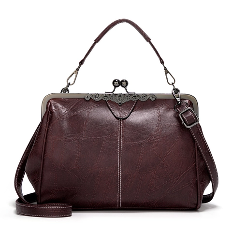Vintage Women PU Leather Handbag With Metal Kiss Lock Clasp Retro Texture Shoulder Crossbody Bag British Style