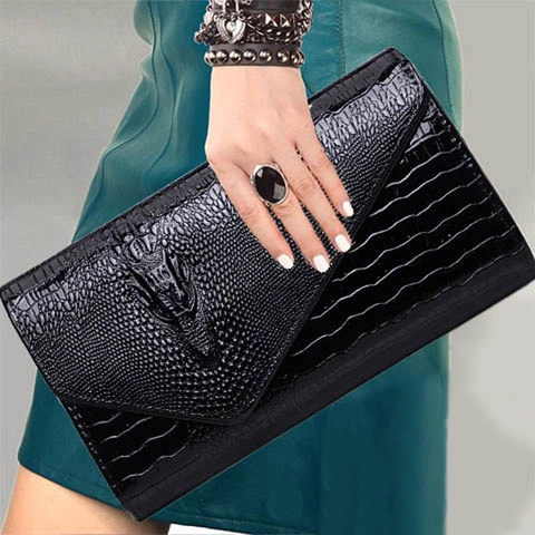 Women Crocodile Embossed PU Leather Envelope Clutch Bag With 3D Animal Head Decor Removable Chain Strap For Party Evening