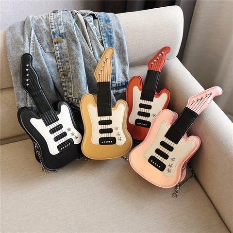 Creative Guitar Shaped Crossbody Bag For Women PU Leather Novelty Shoulder Handbag With Chain Strap Rocker Style