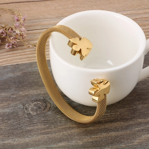 Angel Charm Mesh Bracelet Stainless Steel 18K Gold Plated Open Cuff Adjustable Fashion Jewelry Women