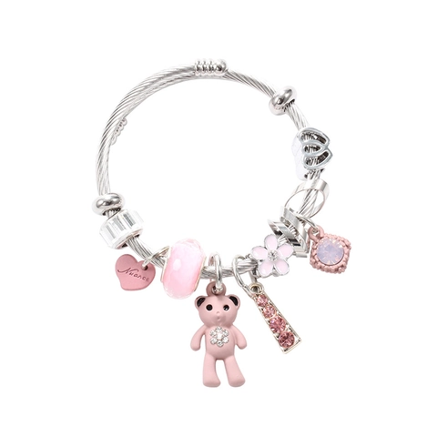 Charm Bangle Bracelet Stainless Steel With Bear Heart Pendants DIY Beads Adjustable Fashion Jewelry Women