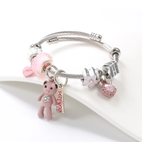 Charm Bangle Bracelet Stainless Steel With Bear Heart Pendants DIY Beads Adjustable Fashion Jewelry Women