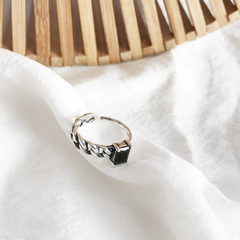 925 Sterling Silver Ring Vintage Chain Link Rectangular Black Zircon Open Adjustable Jewelry For Women Men