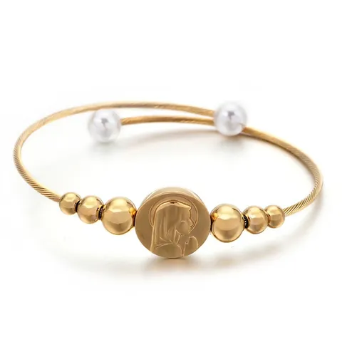 Bracciale In Acciaio Inossidabile Placcato Oro 18K Cavo Intrecciato Medaglione Vergine Maria Künstliche Perle Gioielli Retrò Donna