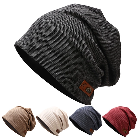 Gorro Beanie Slouchy De Punto Acanalado Cálido Doble Capa Con Parche De Cuero Y Dije De Espina De Pescado Para Hombre Mujer