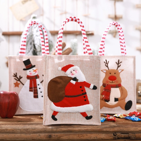 Weihnachtsgeschenk Tragetasche Leinen Sackleinen 3D Stickerei Weihnachtsmann Schneemann Rentier Cartoon Muster Party Süßigkeiten