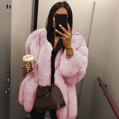 Women Faux Fur Coat Shaggy Mid-length Long Sleeve Warm Plush Jacket Outerwear Streetwear Elegant Winter Apparel