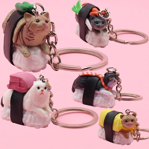 Sushi Cat Keychain PVC 3D Cartoon Kitten Bag Pendant Ornament Creative Miniature Animal Toy Gift For Women Kids