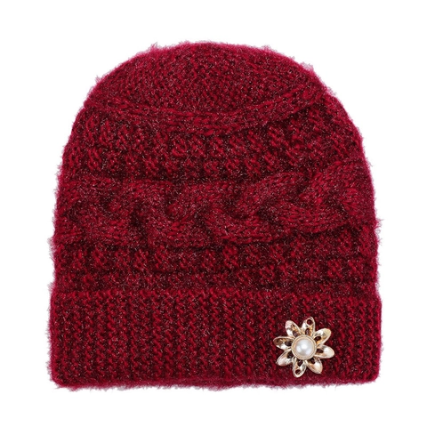 Damen Winter Verdickte Strickmütze Mohair-ähnliche Wollmischung Vliesfutter Warme Omahut Mit Perlenblumen-Dekoration Für Senioren Mittleres Alter Lässig Outdoor Kälteschutz Mütze