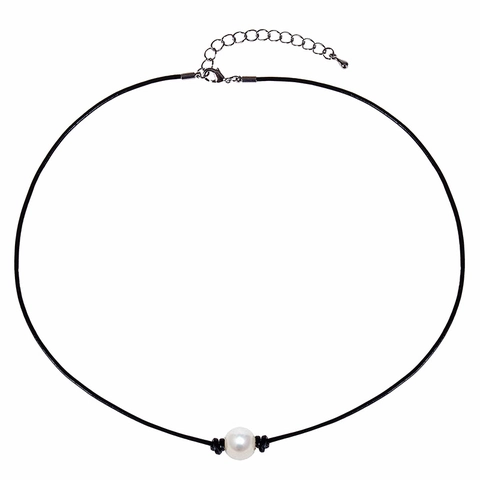Minimalist Freshwater Pearl Choker Necklace With Black Leather Cord Handmade Adjustable Extension Chain For Women
