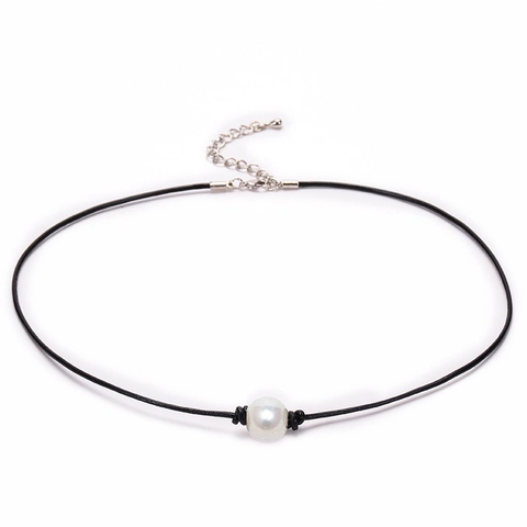 Minimalist Freshwater Pearl Choker Necklace With Black Leather Cord Handmade Adjustable Extension Chain For Women