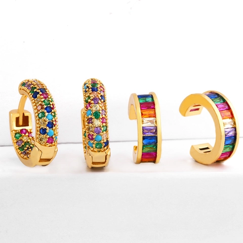 Regenbogen Zirkon Ohrringe Messing Vergoldet Bunt Kristall Huggies Ear Cuffs Modeschmuck Für Damen
