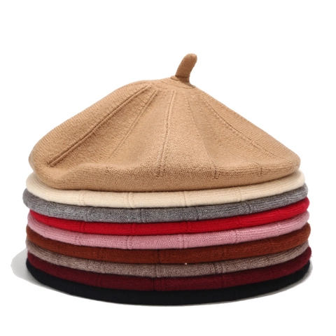 Women Knitted Beret Hat Wool Blend Reversible Warm Ribbed Artist Painter Cap Vintage French Style Solid Color Elegant