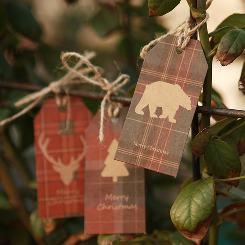 Christmas Gift Tags Kraft Paper Labels Merry Christmas Plaid Pattern Cartoon Reindeer Tree For Holiday Wrapping