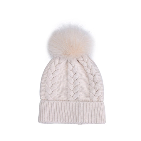 Women Cable Knit Beanie Hat With Fox Fur Pom Pom Winter Warm Thick Ribbed Cuff Solid Color Soft Cap