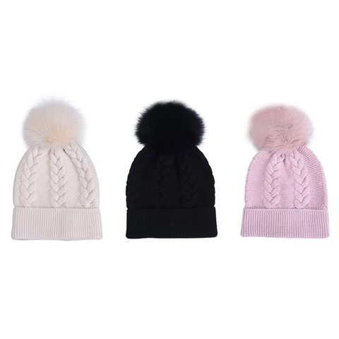 Women Cable Knit Beanie Hat With Fox Fur Pom Pom Winter Warm Thick Ribbed Cuff Solid Color Soft Cap