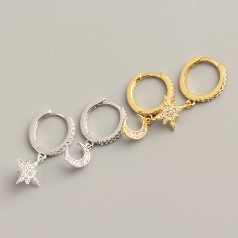 Asymmetrische Stern Mond Huggie Creolen 925 Sterling Silber Ohrstecker Funkelnde Zirkonia Modeschmuck Damen
