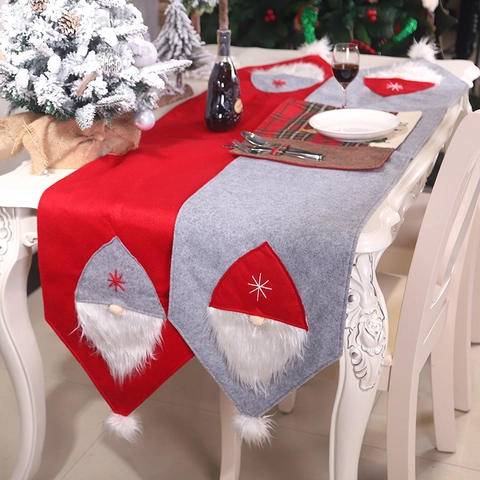 Christmas Table Runner Felt Gnome Tomte Design Long White Beard Star Embroidery For Holiday Dining Room Table Decoration