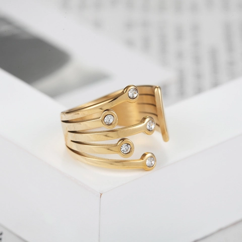 Multi Layer Open Adjustable Ring Titanium Steel Minimalist Geometric Cubic Zirconia Fashion Jewelry Women
