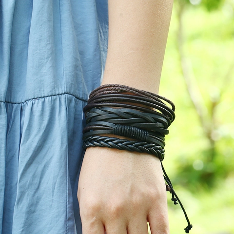 Multi Layer Woven Bracelets Cowhide PU Leather Hemp Rope Wax Cord Adjustable Vintage Punk Casual Retro Men