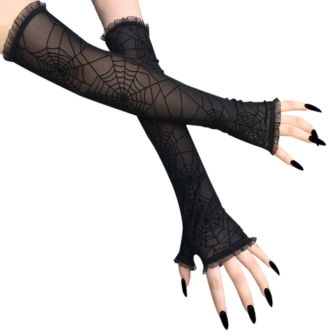 Spinnennetz Halloween Netz Fingerlose Handschuhe Gotisch Lange Cosplay Party Handschuhe Für Damen Dunkler Stil Accessoires