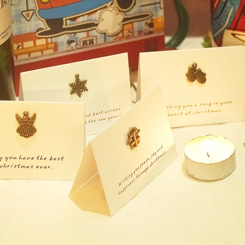 Mini Christmas Greeting Cards Vintage Bronze Metal Charm Folding Specialty Paper Cards Envelopes Holiday Blessing Retro Design